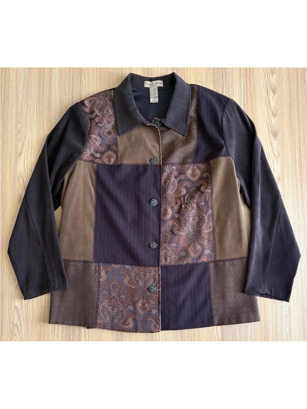Vtg Notations Tapestry Patchwork Button Up Shirt Jacket 2X Brown 90s Grandpacore